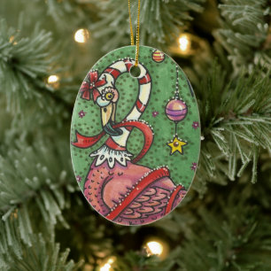 CANDY CANE PINK FLAMINGO WHIMSICAL CHRISTMAS BIRD KERAMISCH ORNAMENT