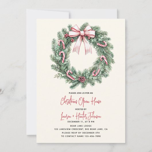 Candy Cane Wreath Christmas Open House Party Kaart (Voorkant)