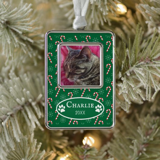 Candy Canes Cat Foto Green Frame Verzilverd Kader Ornament (Boom)