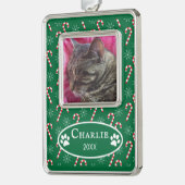 Candy Canes Cat Foto Green Frame Verzilverd Kader Ornament (Links)