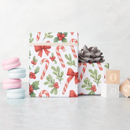 Candy Canes, Holly & Bows Wrapping Paper Cadeaupapier (Baby Shower)