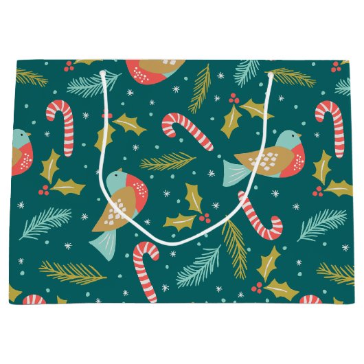 Candy Canes Holly Pine Boughs Birds Groot Cadeauzakje (Voorkant)
