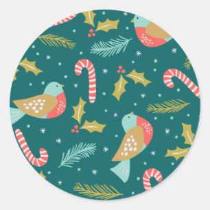Candy Canes Holly Pine Boughs Birds Ronde Sticker