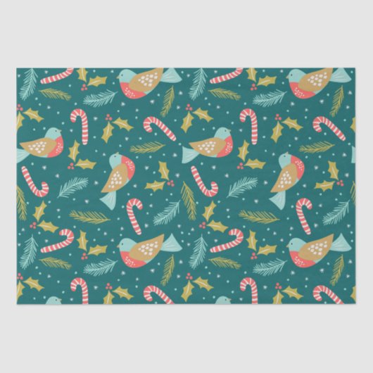 Candy Canes Holly Pine Boughs Birds Tissuepapier (Voorkant)