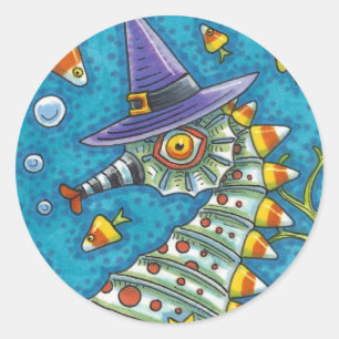 CANDY CORN SEAHORSE WITCH, ONDER HET ZEE HALLOEEN RONDE STICKER