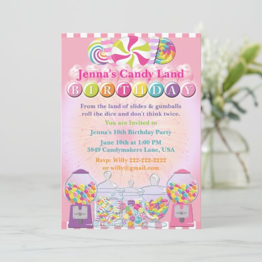 Candy Counter Land Rose Anniversaire Invitation (Debout devant)