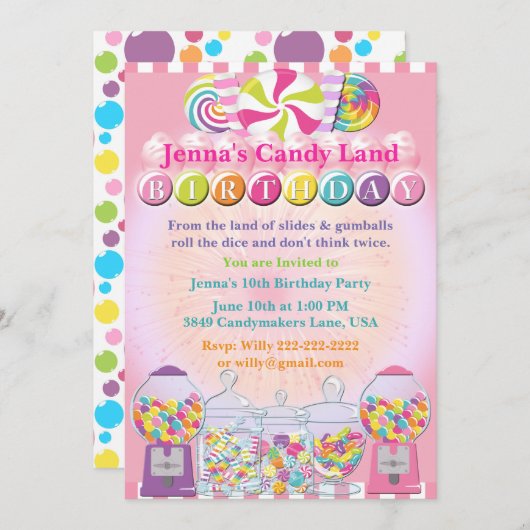 Candy Counter Land Rose Anniversaire Invitation (Devant / Derrière)