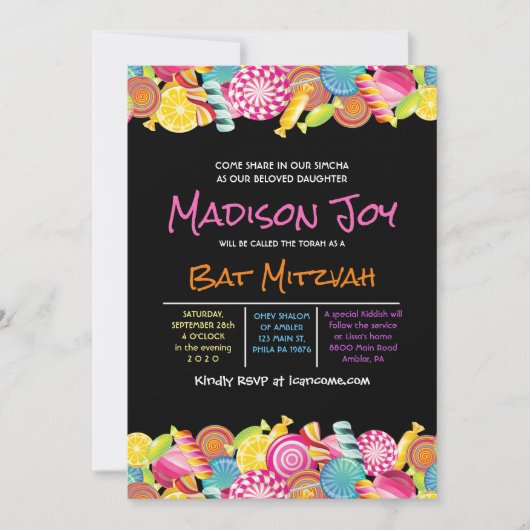 CANDY COUTURE Invitation de Bat Mitzvah rose (Devant)