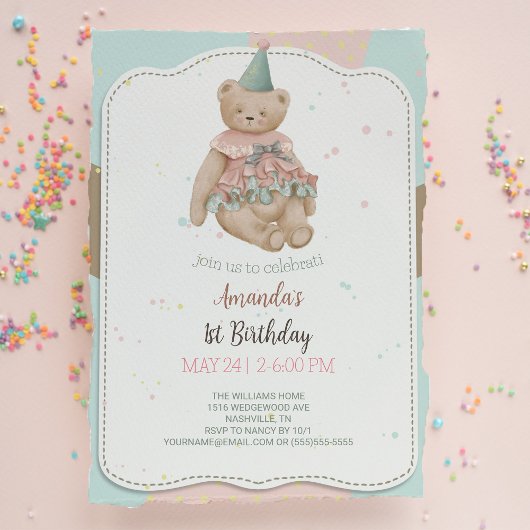 Candy Cute Bear 1er Invitation anniversaire