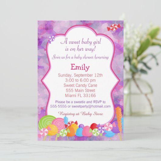 Candy Invitation bébé fille douche rose pourpre (Debout devant)