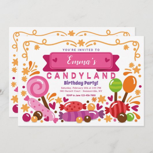 Candy Land Invitation de fête d'anniversaire (Devant / Derrière)