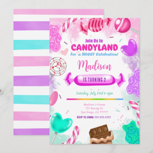 Candy land verjaardagsuitnodiging kaart (Voorkant / Achterkant)