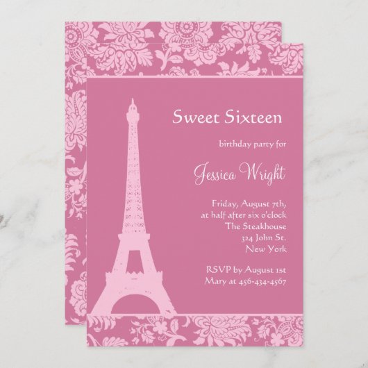 Candy Pink à Paris Invitation d'anniversaire (Devant / Derrière)
