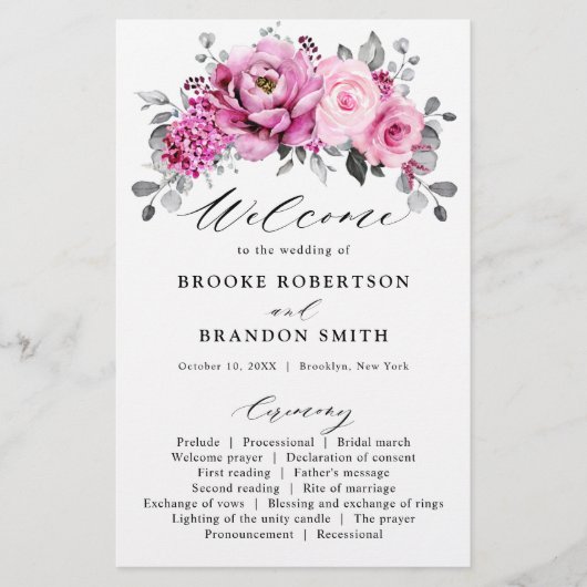 Candy Pink White Silver Floral Wedding Programme (Devant)
