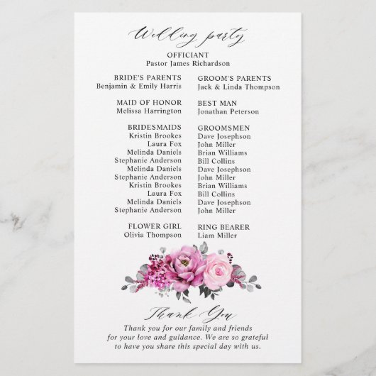 Candy Pink White Silver Floral Wedding Programme (Dos)
