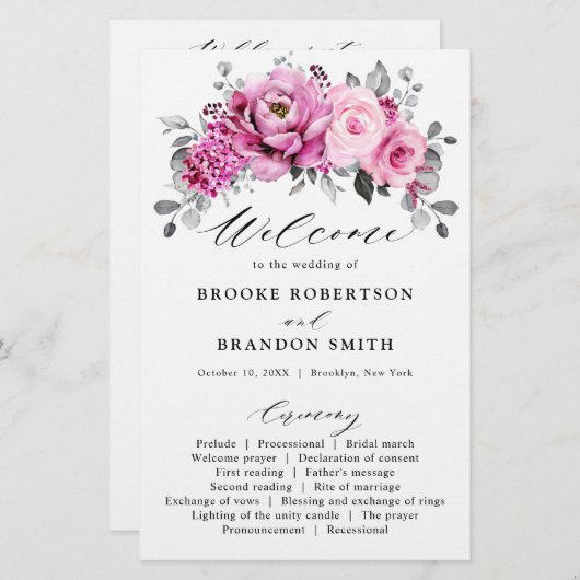 Candy Pink White Silver Floral Wedding Programme (Devant / Derrière)