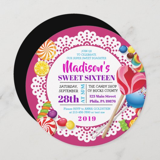 CANDY STORE Sweet sixteen 16 Invitation (Devant / Derrière)