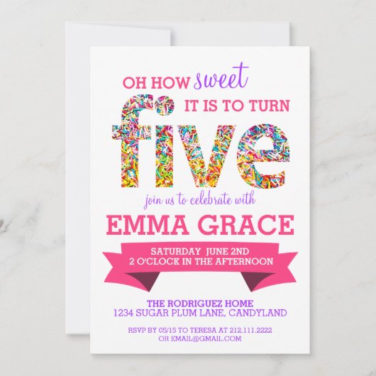 Candy Thema 5e Verjaardagsfeest Spikkels Uitnodigi Kaart (Voorkant)