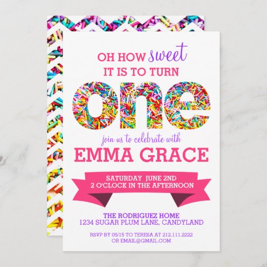 Candy Thème 1er anniversaire fête Invitation (Devant / Derrière)