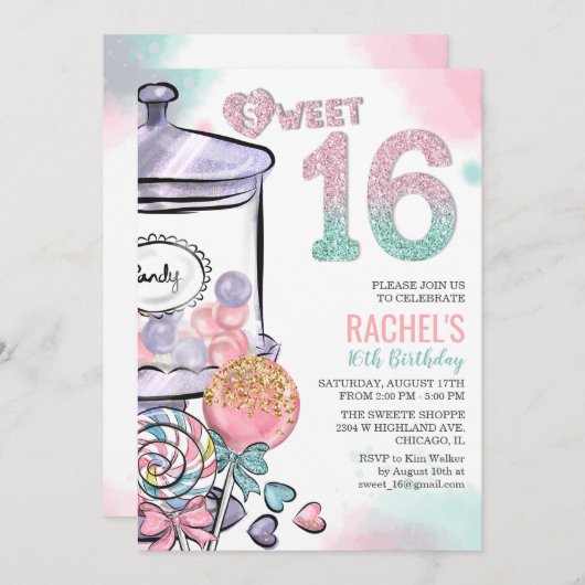 Candy Theme Sweet 16 Anniversaire Invitation (Devant / Derrière)