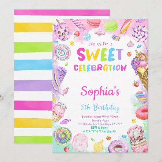 Candy verjaardagsuitnodiging kaart (Voorkant / Achterkant)