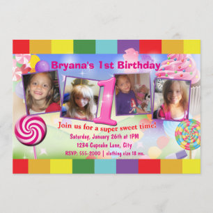 Candyland 1st Birthday Party 4 Fotouitnodiging Kaart