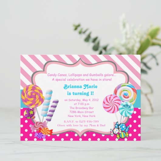 Candyland bonbons thème Anniversaire Invitation (Debout devant)