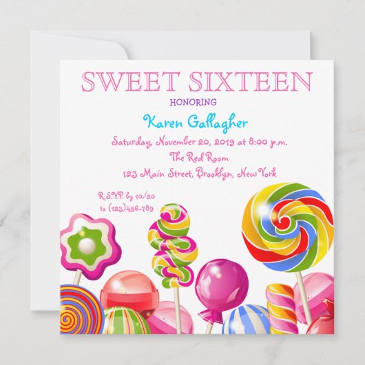 Candyland Candy Theme Sweet 16 Invitation (Devant)
