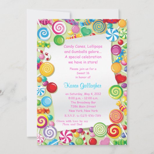 Candyland Candy Theme Sweet 16 Invitations (Devant)
