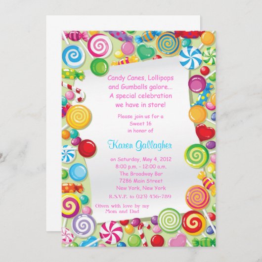 Candyland Candy Theme Sweet 16 Invitations (Devant / Derrière)