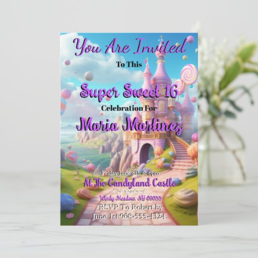 Candyland Castle Sweet 16 Uitnodigingen (Staand voorkant)