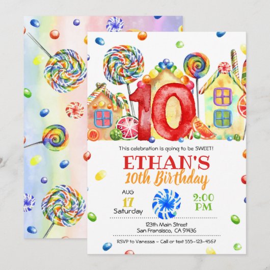 Candyland Snoep Uitnodiging voor Snoep Thema - 10t (Voorkant / Achterkant)