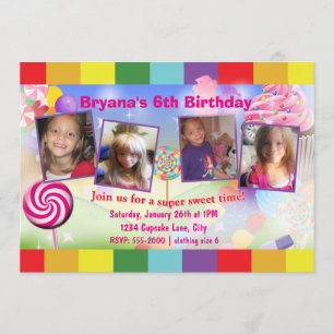 Candyland Sweet Birthday Party 4 Fotouitnodiging Kaart