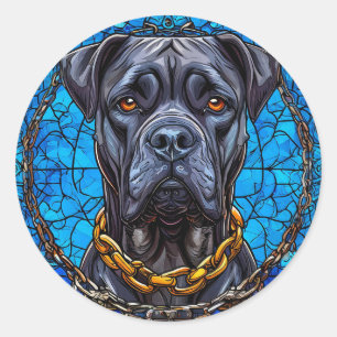 Cane Corso-hond met kettingen in geblauwd glas in Ronde Sticker
