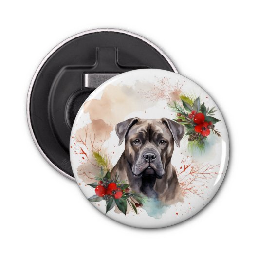 Cane Corso Kerstkrans Feestelijke Pup Button Flesopener (Voorkant)