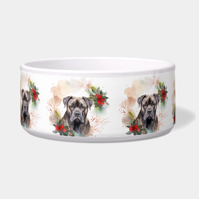Cane Corso Kerstkrans Festieve Pup Voerbakje (Voorkant)