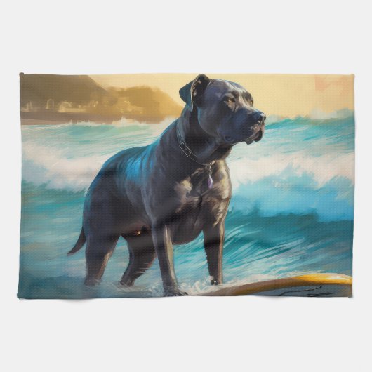 Cane Corso strand surfen schilderij Theedoek (Horizontaal)