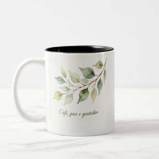 Caneca Frase Café paz Gratidão – Aquarela Folhas Tweekleurige Koffiemok