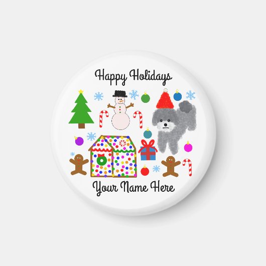 Caniche gris Noël #3 Magnet rond (Devant)