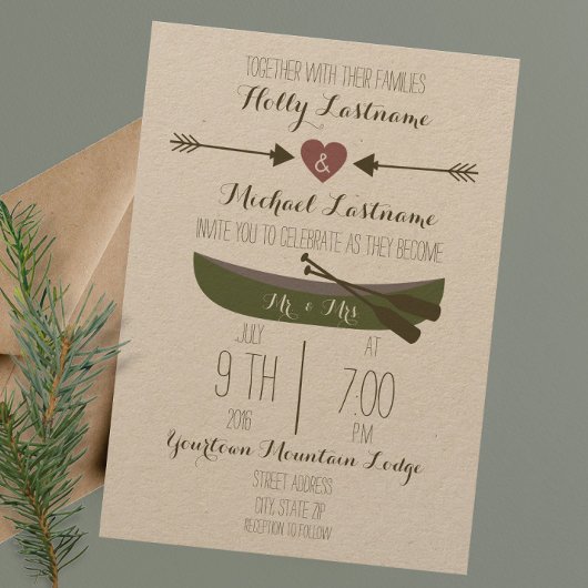 Canoe + Arrows Rustic Wedding Invitation Kaart
