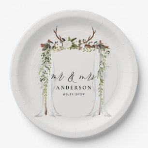Canopy rustic botanical bruiloft mr. and mrs scrip papieren bordje