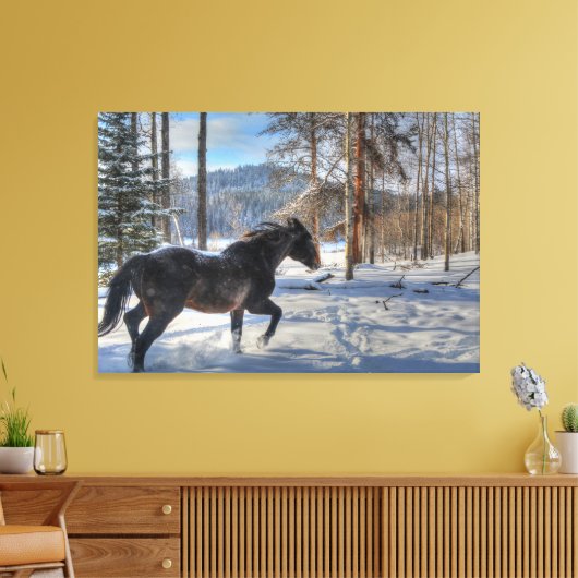 Cantering Black Percheron Horse & Snow Photo 2 Canvas Afdruk (Insitu (Woonkamer))