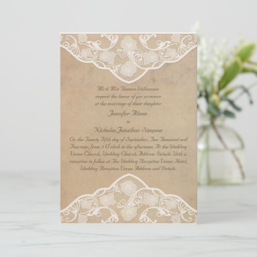 Canvas en Lace Effect bruiloft uitnodigingen (Staand voorkant)