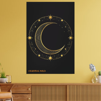 Canvas Luxe Zwart Goud Hemels Maan Kunst Afdruk