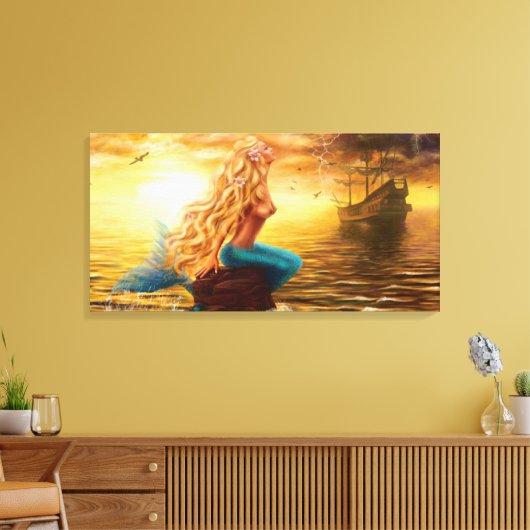 Canvas Mermaid sunset (Insitu (Woonkamer))