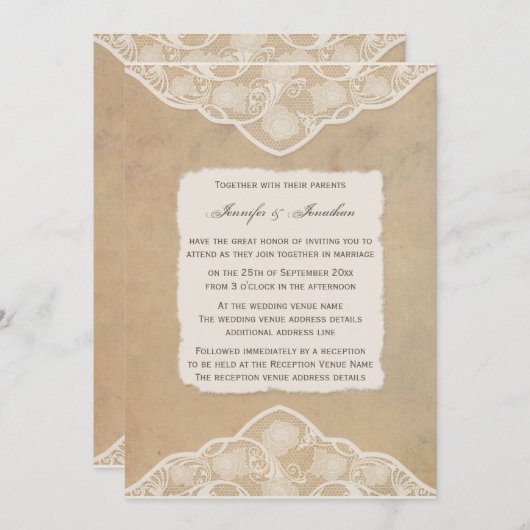  canvas, papier & kant look bruiloft uitnodigen kaart (Voorkant / Achterkant)