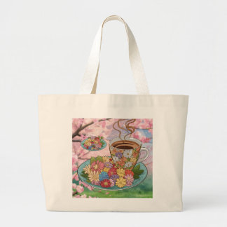 Canvas tas-Cup en koffiebonen met bloemontwerp Grote Tote Bag