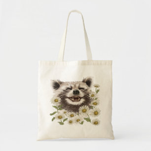 Canvas tas Gelukkige wasbeer in madeliefjes