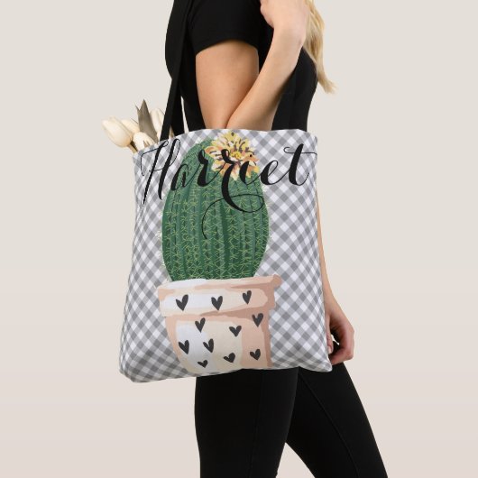 Canvas tas Gingham met Cactus pot (Dichtbij)