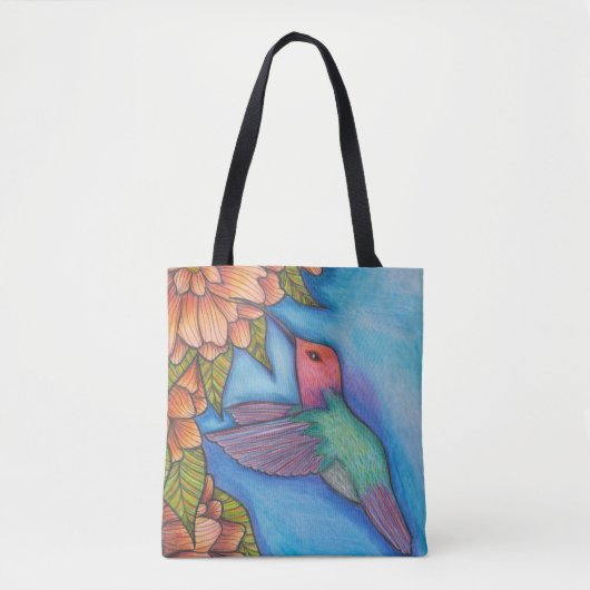 Canvas tas met kolibrie en bloemen potlood kunst (Voorkant)